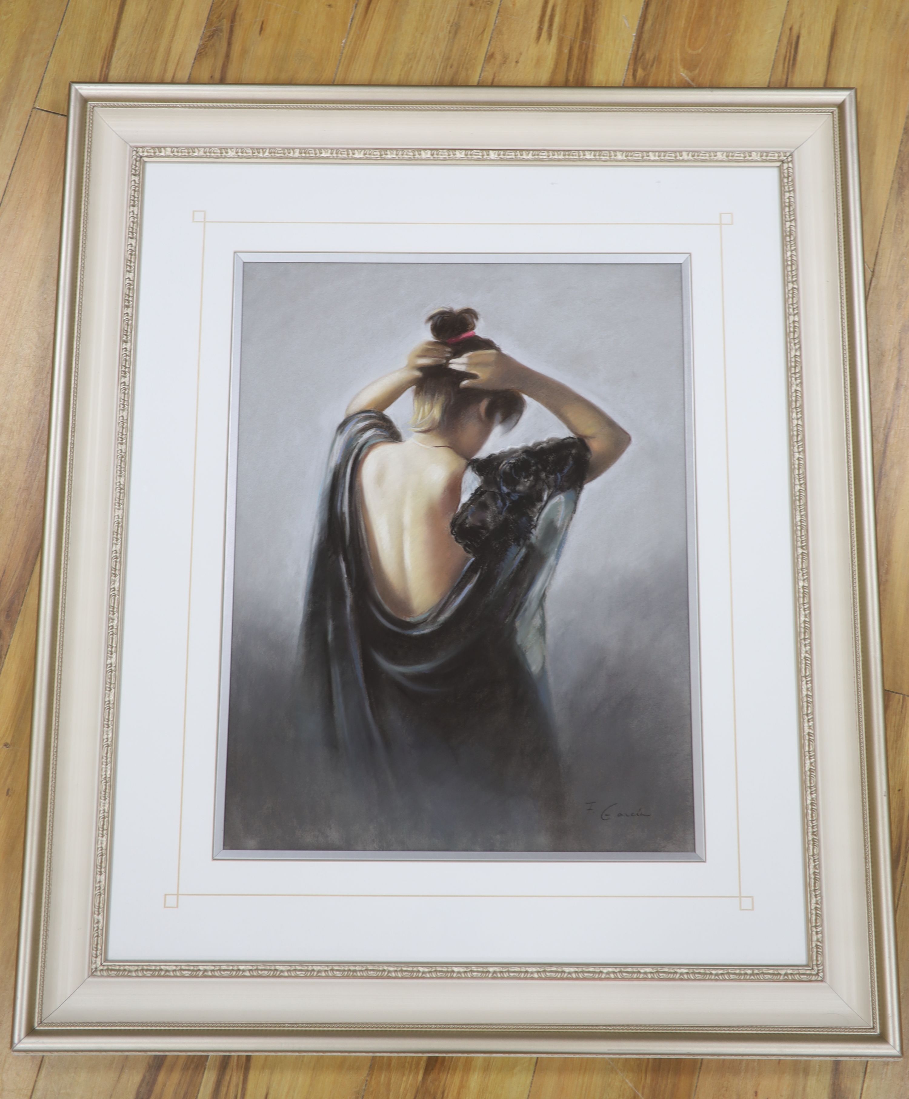 F. Garcia, pastel, Study of a girl in black dress, signed, 63 x 48cm, with COA from Charles Phillips